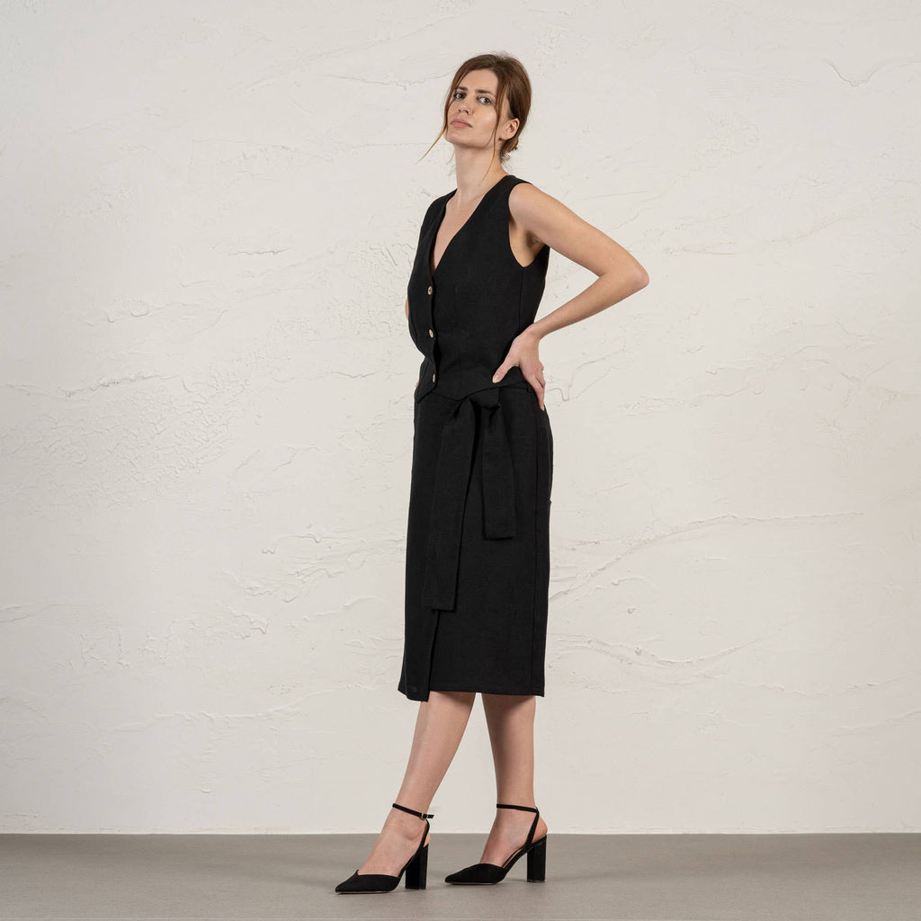 The Editor's Midi Wrap Linen Pencil Skirt - Dazzle Quietly - Deep Black