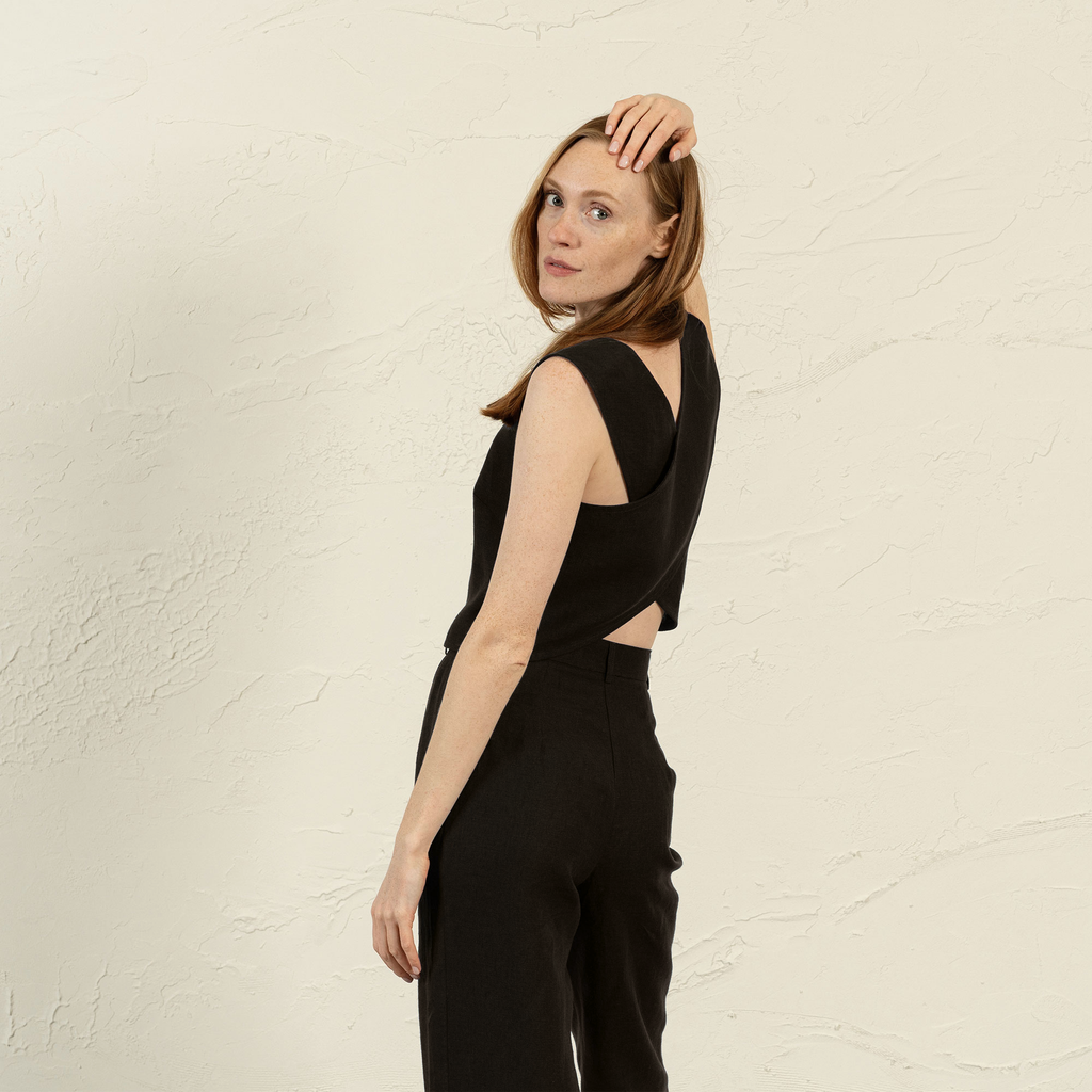 The Architectural Cross Back Linen Cami - Dazzle Quietly - Deep Black