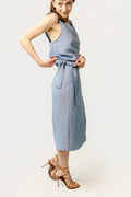 The Editor's Midi Wrap Linen Pencil Skirt - Trace a Horizon - Breeze Blue