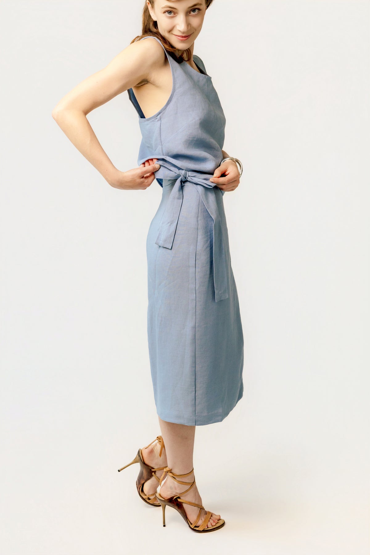 The Editor's Midi Wrap Linen Pencil Skirt - Trace a Horizon - Breeze Blue