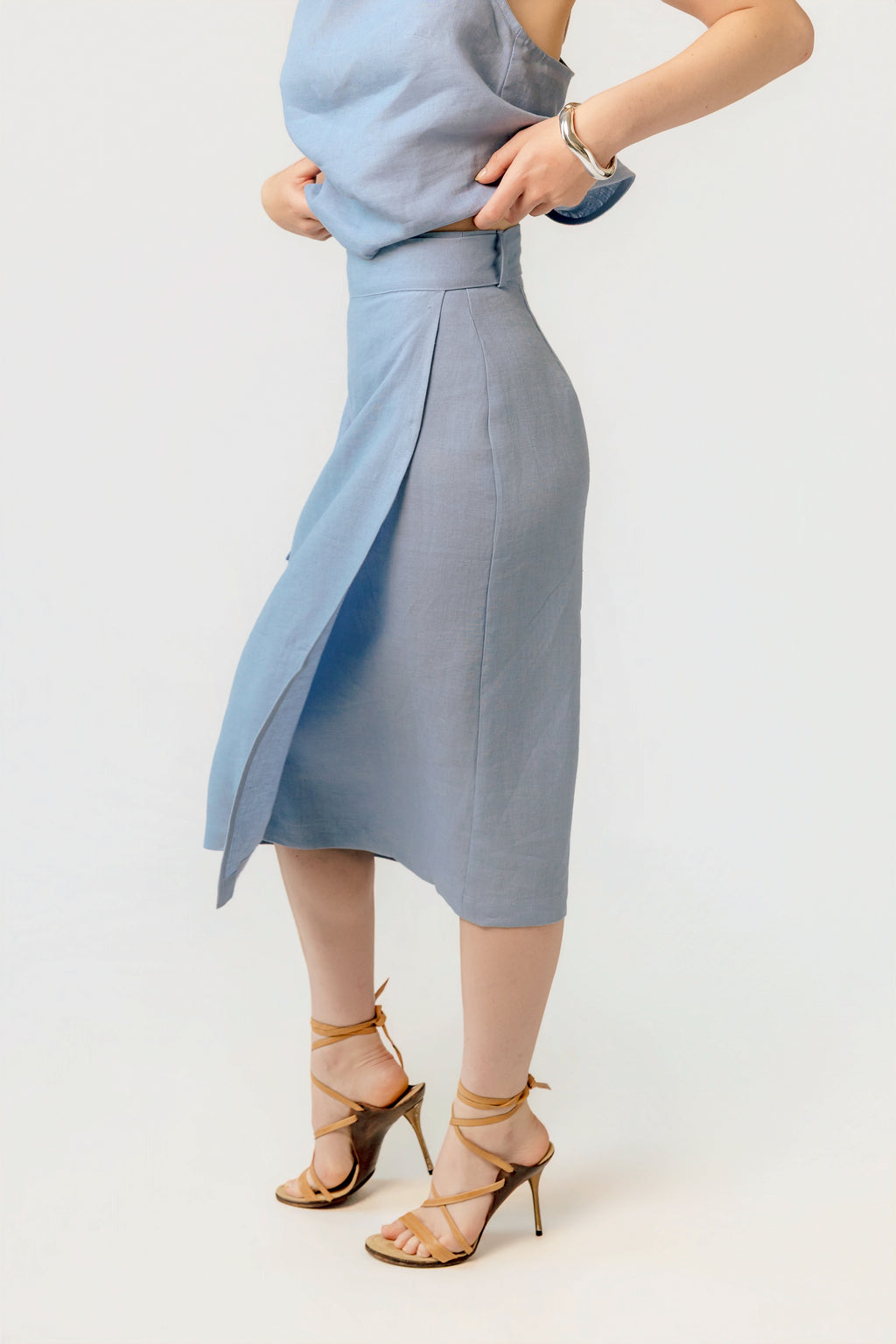The Editor's Midi Wrap Linen Pencil Skirt - Trace a Horizon - Breeze Blue