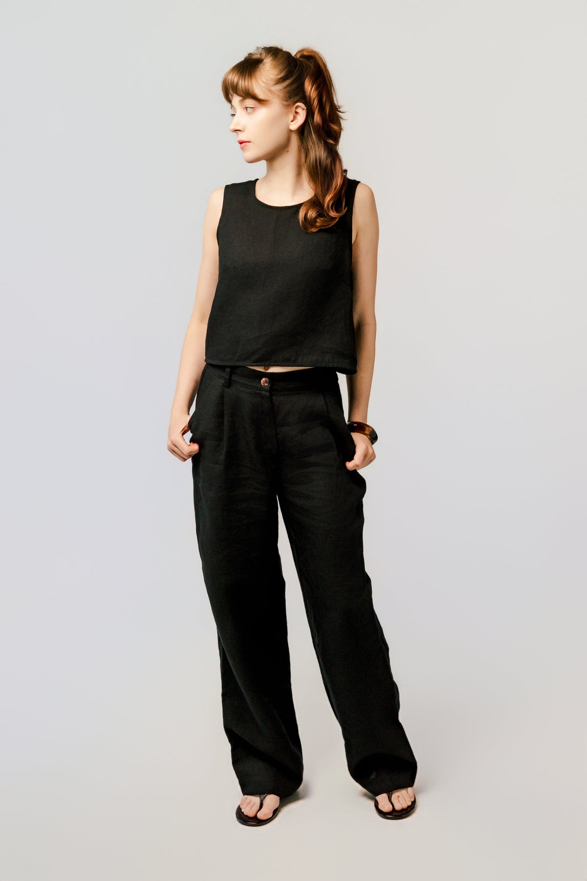 The Traveller High Waist Wide Leg Linen Pants - Dazzle Quietly - Deep Black