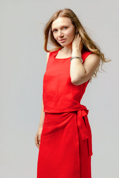 The Architectural Cross Back Linen Cami - Wax a Lyric - Deep Red