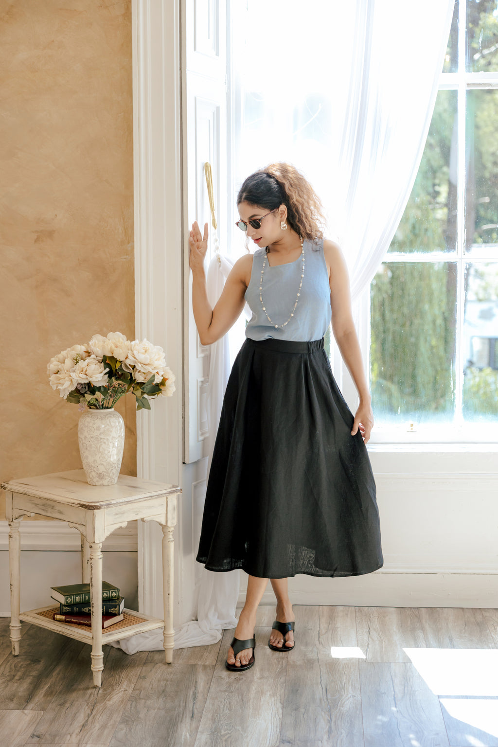 The Serenade Full Circle Linen Skirt - Dazzle Quietly - Deep Black