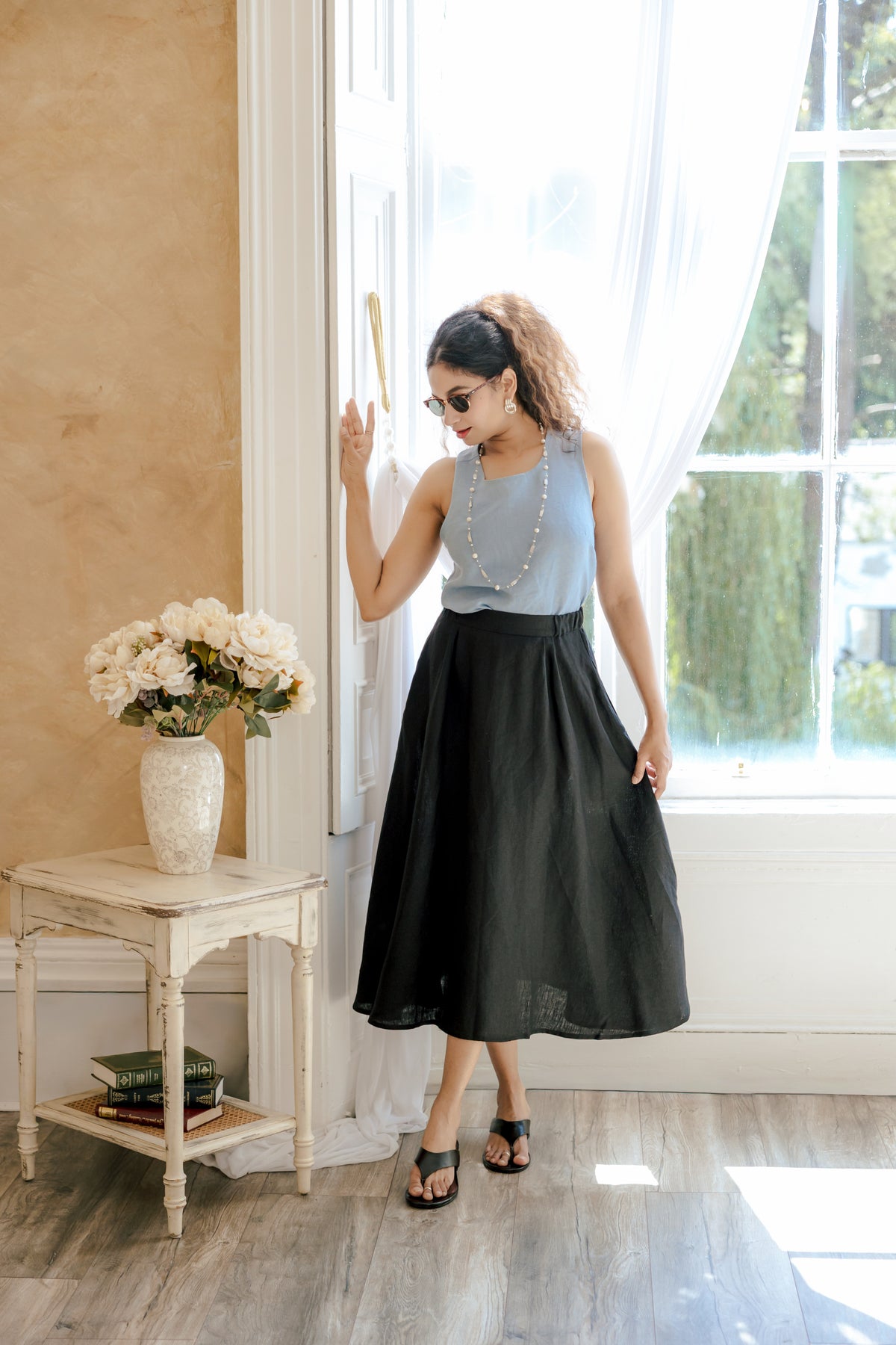 The Serenade Full Circle Linen Skirt - Dazzle Quietly - Deep Black