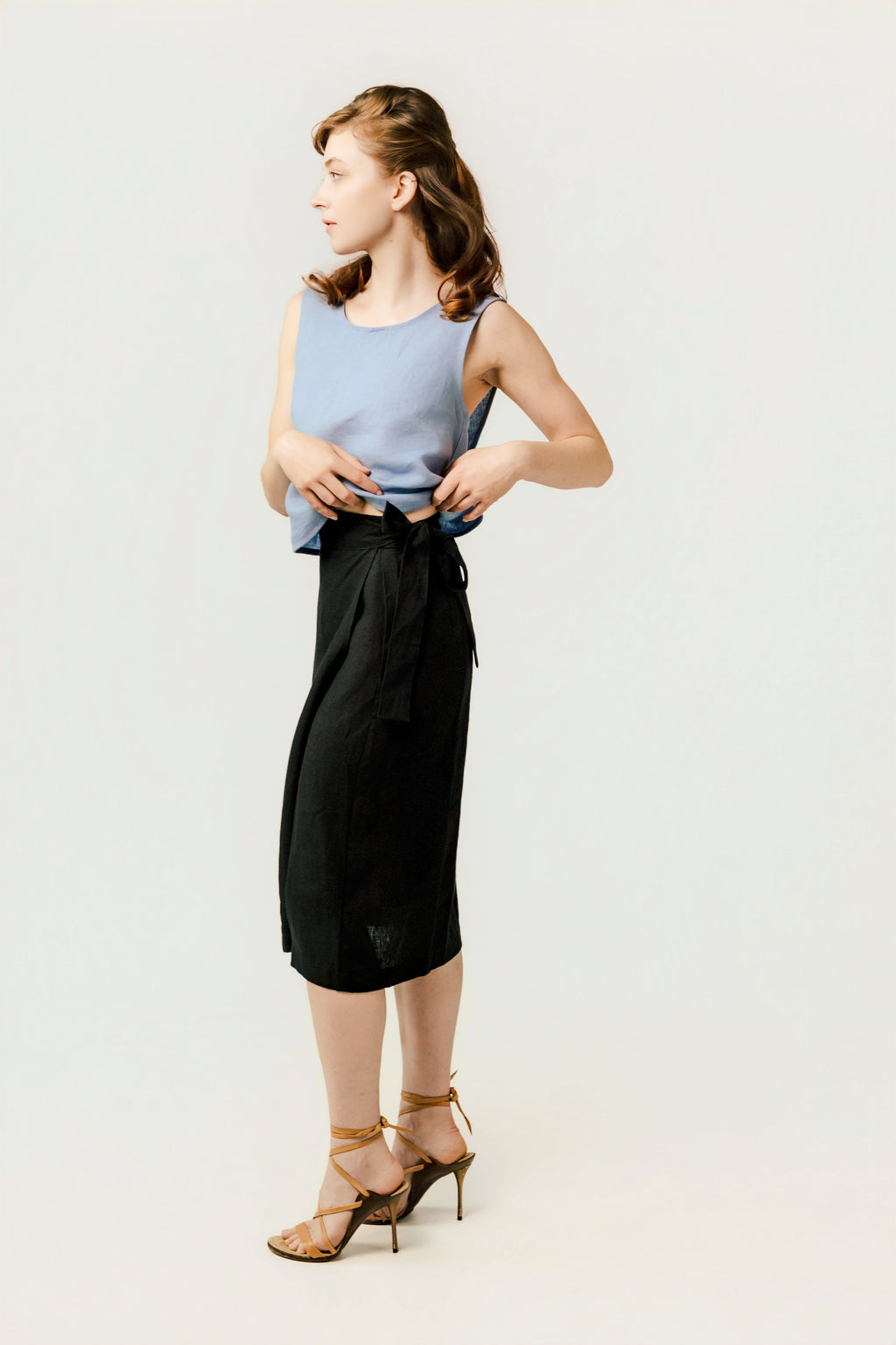 The Editor's Midi Wrap Linen Pencil Skirt - Dazzle Quietly - Deep Black