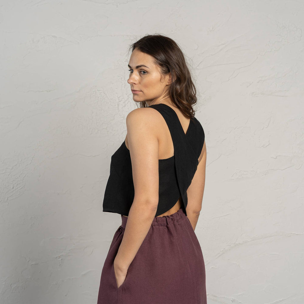 The Architectural Cross Back Linen Cami - Dazzle Quietly - Deep Black