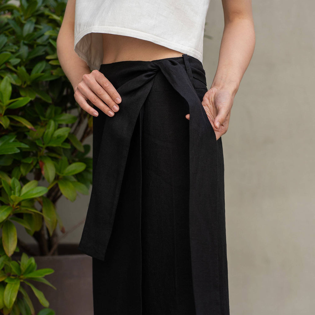 The Editor's Midi Wrap Linen Pencil Skirt - Dazzle Quietly - Deep Black